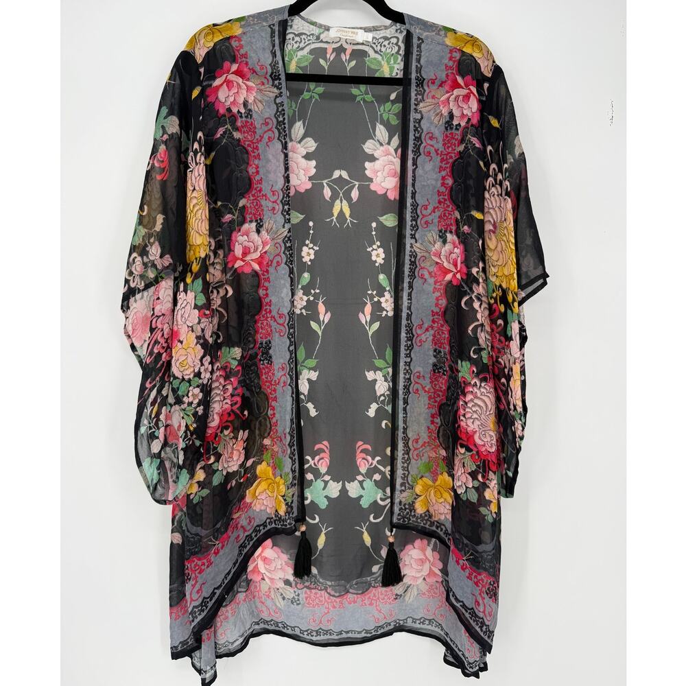 Johnny Was California Silk Kimono Sheer Black Rose Floral Print Tassels Large L